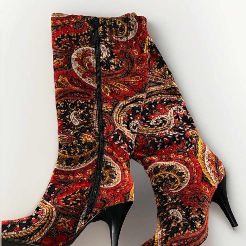 Diba Red and Black Paisley Heeled Boots size 7